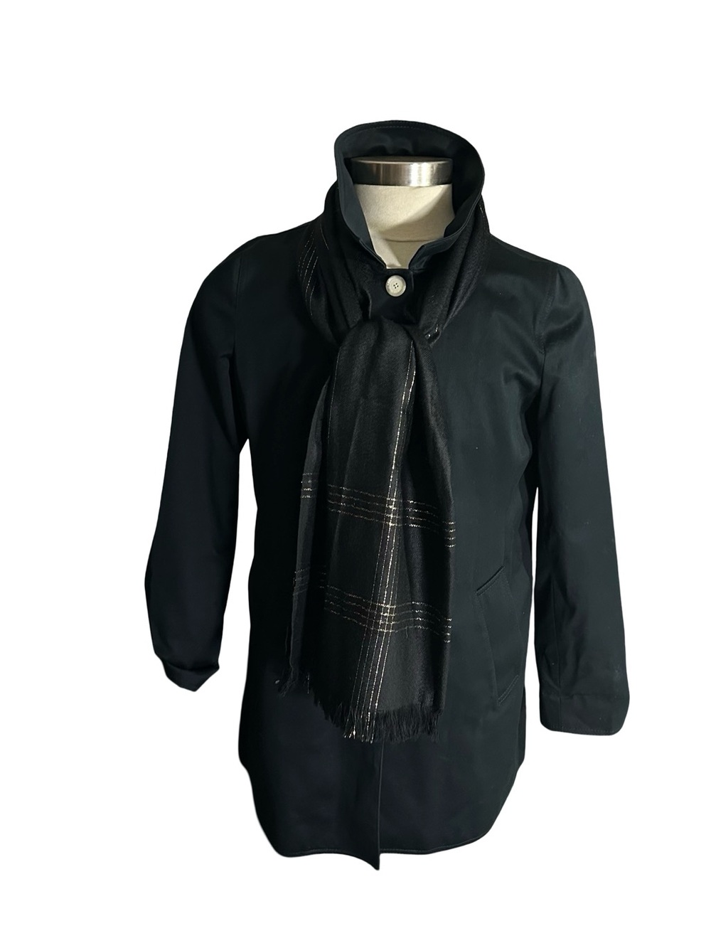 Vtg Black Pashmina Wrap Scarf Grid Metallic Gold Silver Pinstripe Fringe 14x70